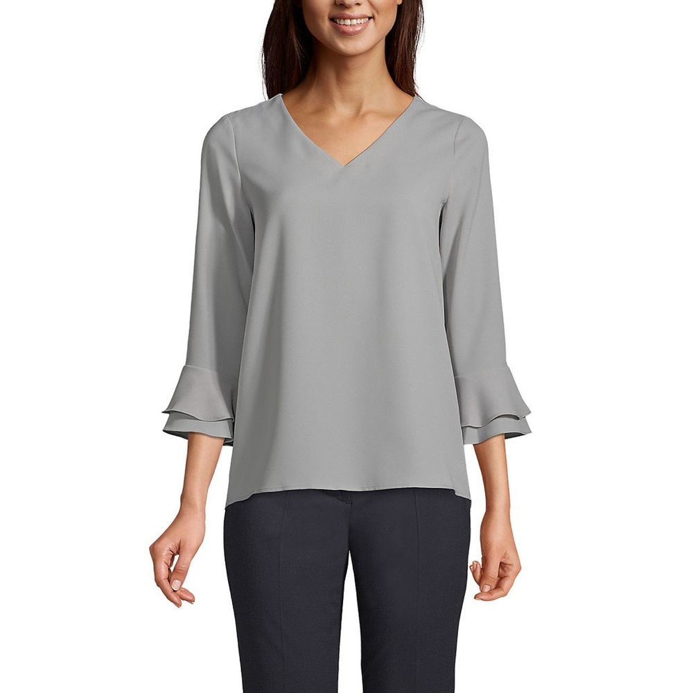 Lands End Women's 3/4 Flutter Sleeve Crepe Blouse Gray